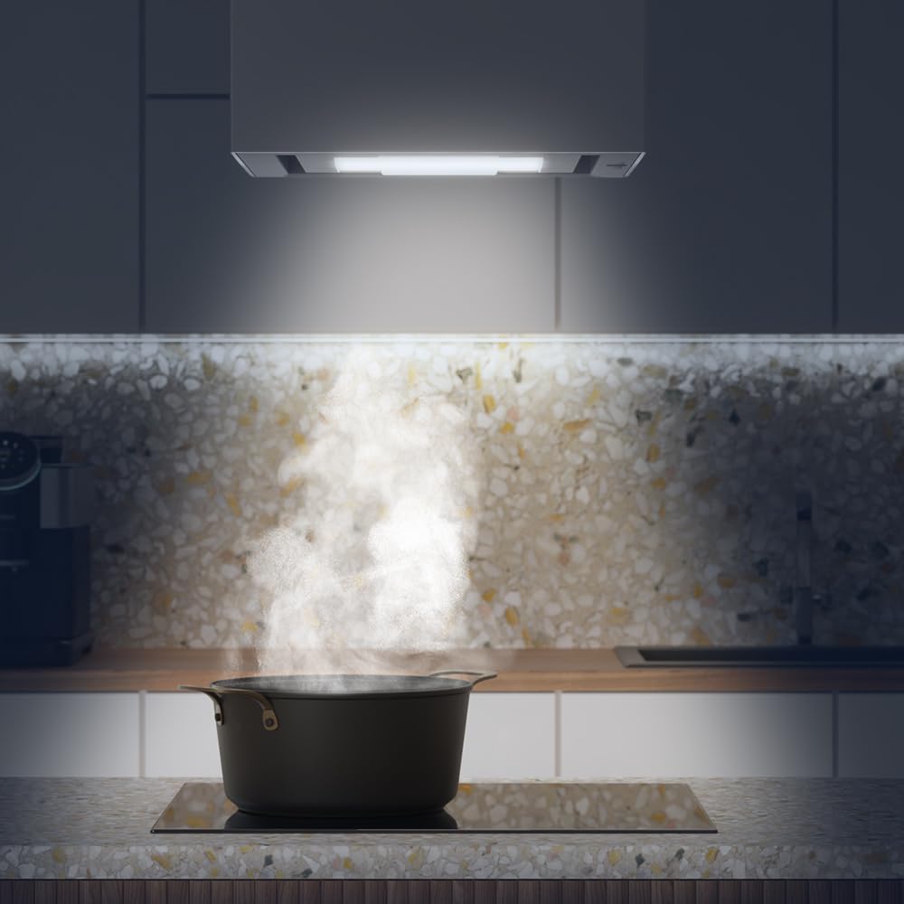 Cecotec Cappa Aspirante a Isola 44 cm, Cappa Cucina. Bolero Flux CCT 448000 Glass White A++ Cappa 44cm vetro bianco, Flusso d'Aria 800m3/h, 210W, A++, Slider, LED, Carbonio Ø176, alluminio 5 strati