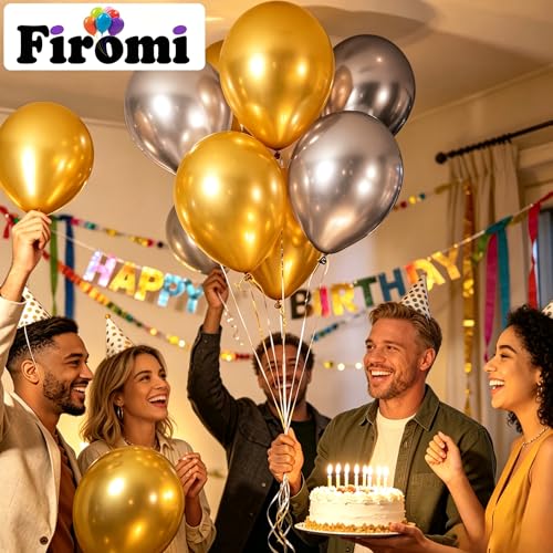 Image of Firomi Metallic Chrome Gold Balloons 12-inch 100 Pack (with 3 Ribbons) | Thicken Shiny Helium Big Round Gold Latex Balloon for Wedding Birthday Party
