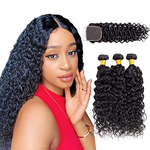 9A Water Wave Bundles With Closure Brazilian Virgin Human Hair Water Wet and Wavy 3 Bundles With 4x4 Free Part Lace Closure Natural Black (12/14/16+10