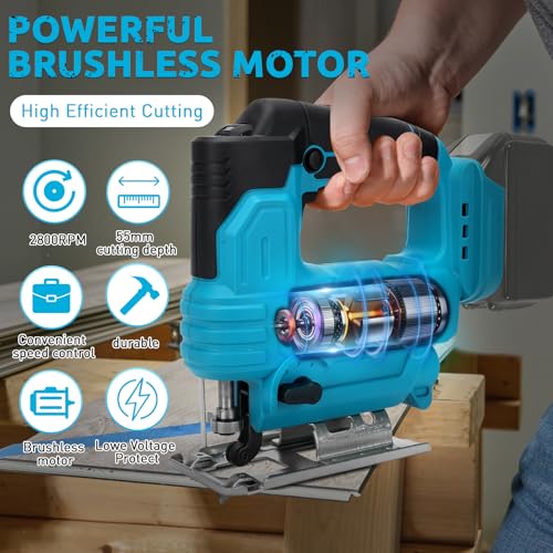 panthem Cordless Jigsaw for Makita 18V Battery (Without Battery), with 10 Blades, 45° Tilt Angle, 6 Speed Brushless Electric Jigsaw, Tool-Free Blade Change Cordless Jig Saw for Wood Metal PVC Cutting 2 panthem Cordless Jigsaw for Makita 18V Battery (Without Battery), with 10 Blades, 45° Tilt Angle, 6 Speed Brushless Electric Jigsaw, Tool-Free Blade Change Cordless Jig Saw for Wood Metal PVC Cutting - Image 2