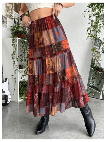 Verdusa Women's Hippie Tie Knot Elastic High Waisted Boho Ruffle Flowy Long Maxi Skirts Multicolor Small4