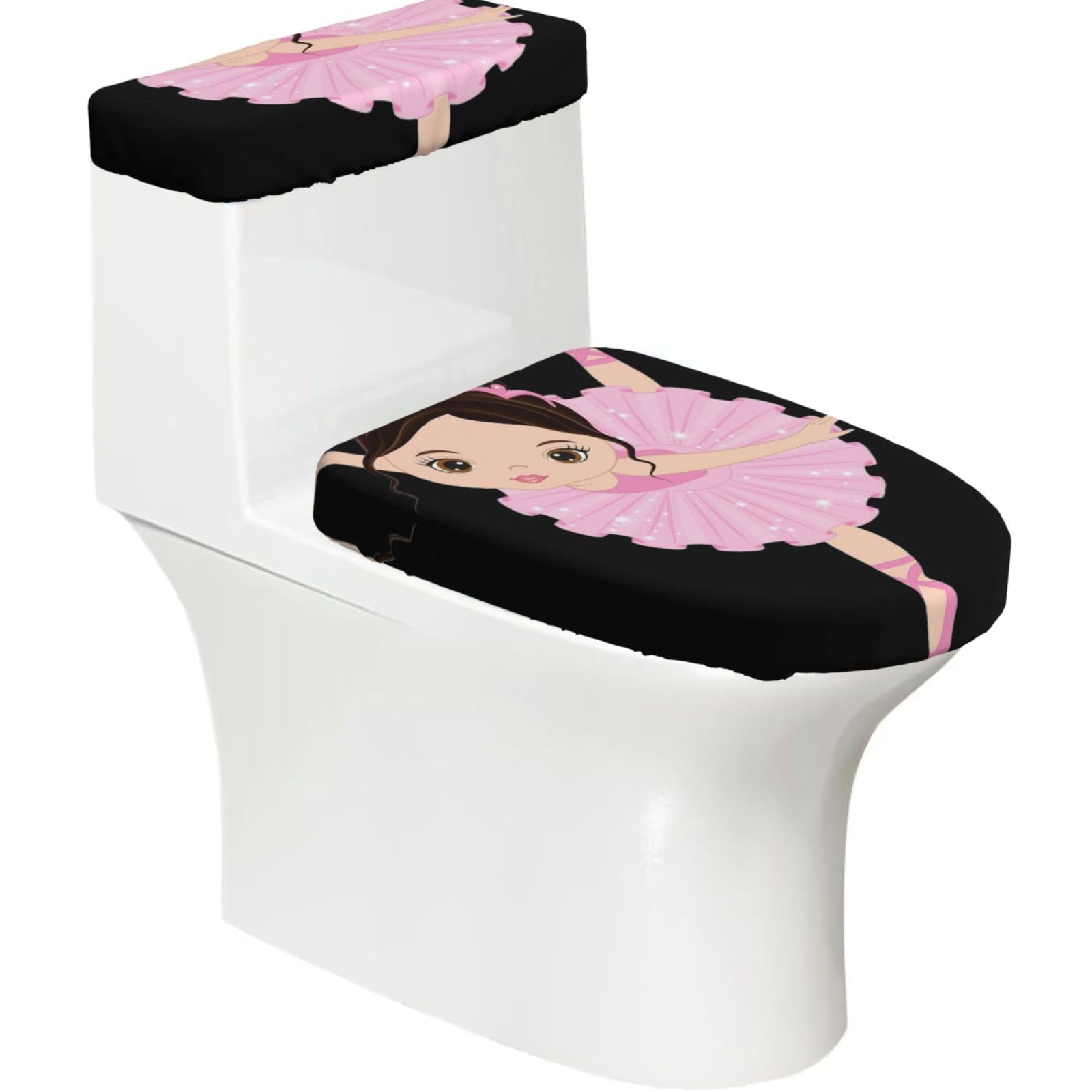 Flghjnbjn Girls Black Little Ballerina Dancing Printed Toilet Tank And Lid Cover Set Of 2 For Most Bathrooms, Fits Elongated Round Toilets