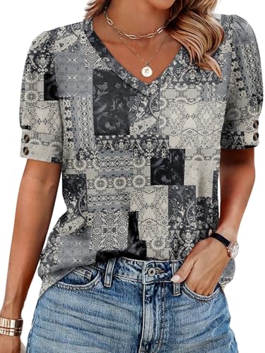 Image of OFEEFAN Womens Tops Short Sleeve Shirts Buttons V Neck Spring Fashion Summer Outfits Plus Size Blouses Dressy Casual