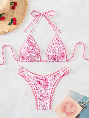 Image of BYFINECANY Women's Floral Printed Bathing Suit Halter Paisley Summer Swimsuit Bikinis Set