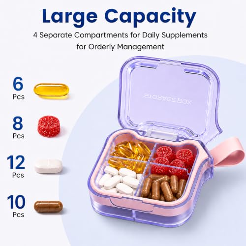 NEW Travel Pill Organizer with Wrist Strap, Portable Medicine Case, 4 Compartments Compact Pill Box for Vitamins Supplements Daily Medications, Purse Backpack Office (Purple / 4 Compartments) — view 2
