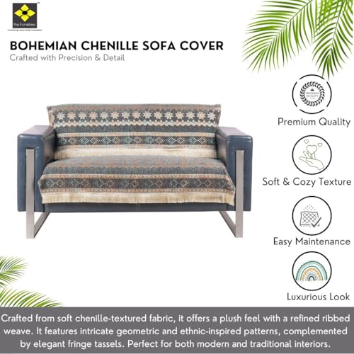 Image of Elegant Woven Grey Sofa Cover - Soft Chenille Traditional Pattern with Lace Style | L-Shape Sectional Seat Protector for Living Room | Durable & Stylish Slipcover 2 Seater Sofa Cover