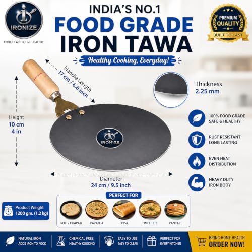 Image of IRONIZE Pure Iron Roti Tawa with Wooden Handle |1.2kg| Heavy Duty Chemical-Free Iron Cookware | Even Heat Distribution | Ideal for Roti, Chapati, Paratha, Dosa & Omelette | Available in 1kg to 2kg