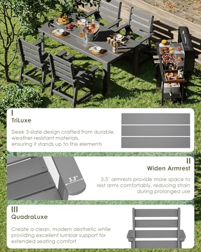 Image of GREENVINES 7-Piece Outdoor Dining Set | HDPE | Patio Table and Chairs Sets for 6 | Patio Furniture | All Weather | Umbrella Hole | Grey | for Backyard Poolside Garden
