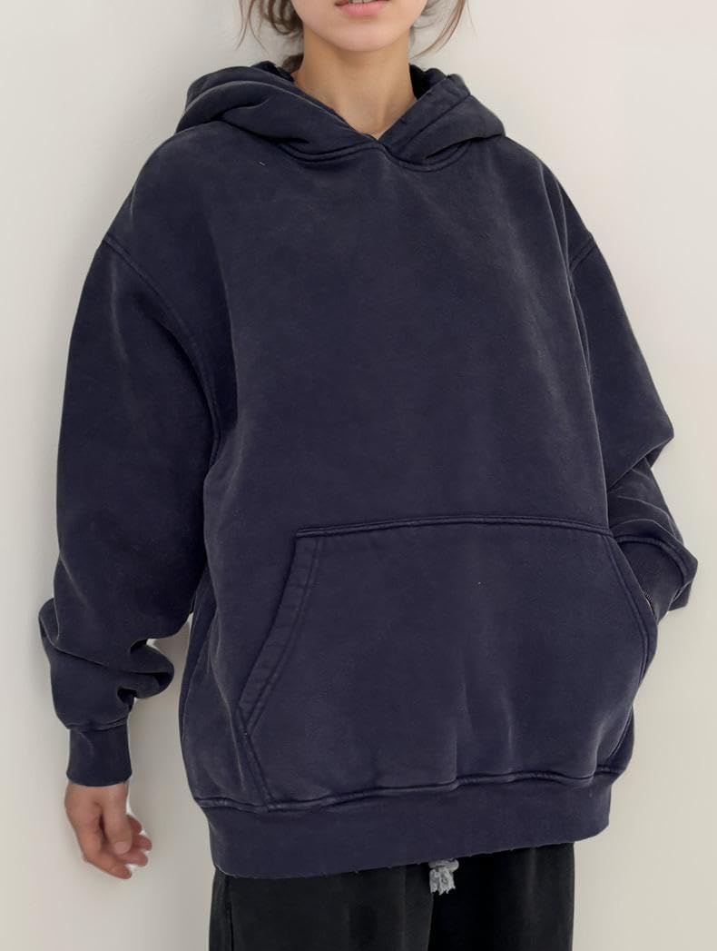 Womens Acid Wash Oversized Hoodie Unisex Couples Heavyweight Fleece Vintage Hoodies Baggy Pullover Sweatshirt - Image 2