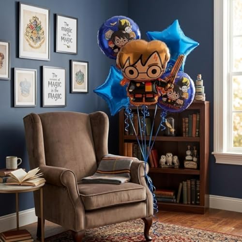 Image of Wanna Party Magician Boy Theme Foil Balloon Bouquet Set - 5PC Helium Supported Magic Birthday Balloons for Kids Party, Cake Table, Backdrop & Photo Booth Decor