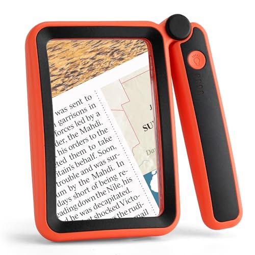 Tobegiga 5X Magnifying Glass with Light, Upgraded Large Magnifying Glass for Reading, LED Dimmable, Rechargeable, Lightweight Handheld Magnifier for Seniors Reading Books, Orange