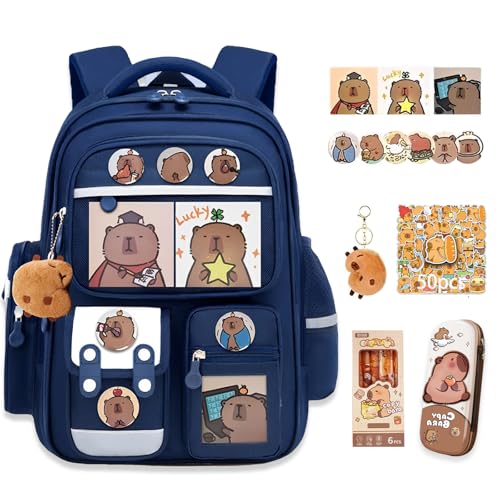 Waterproof Capybara Backpack，Large-capacity Kawaii capybara bag with 11-Piece Accessories (Badges, Pendants, Plush capybara, Stickers and others)