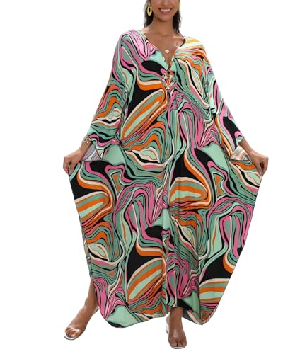 Image of IMAGEKOPE Women's Plus Size Animal Print V-Neck Batwing Kaftan Beach Dress Bathing Suit Cover-Up Loungewear