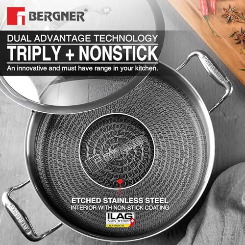 Image of Bergner Hi-Tech Giro Triply Stainless Steel 24cm (5.4L) Casserole with Glass Lid, Honeycomb Non-Stick Coating, Healthy Cooking, Consumes Less Oil, Sturdy Durable Handles, Induction and Gas Stove Ready