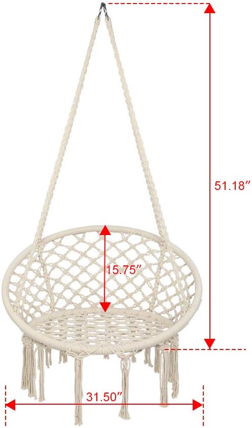 Hammock Chair,Hanging Swing Chair,Tassels Macrame Hammock Handwoven Cotton Chair with Backrest for Indoor Outdoor Use,Max 330 LBs Capacity,Beige