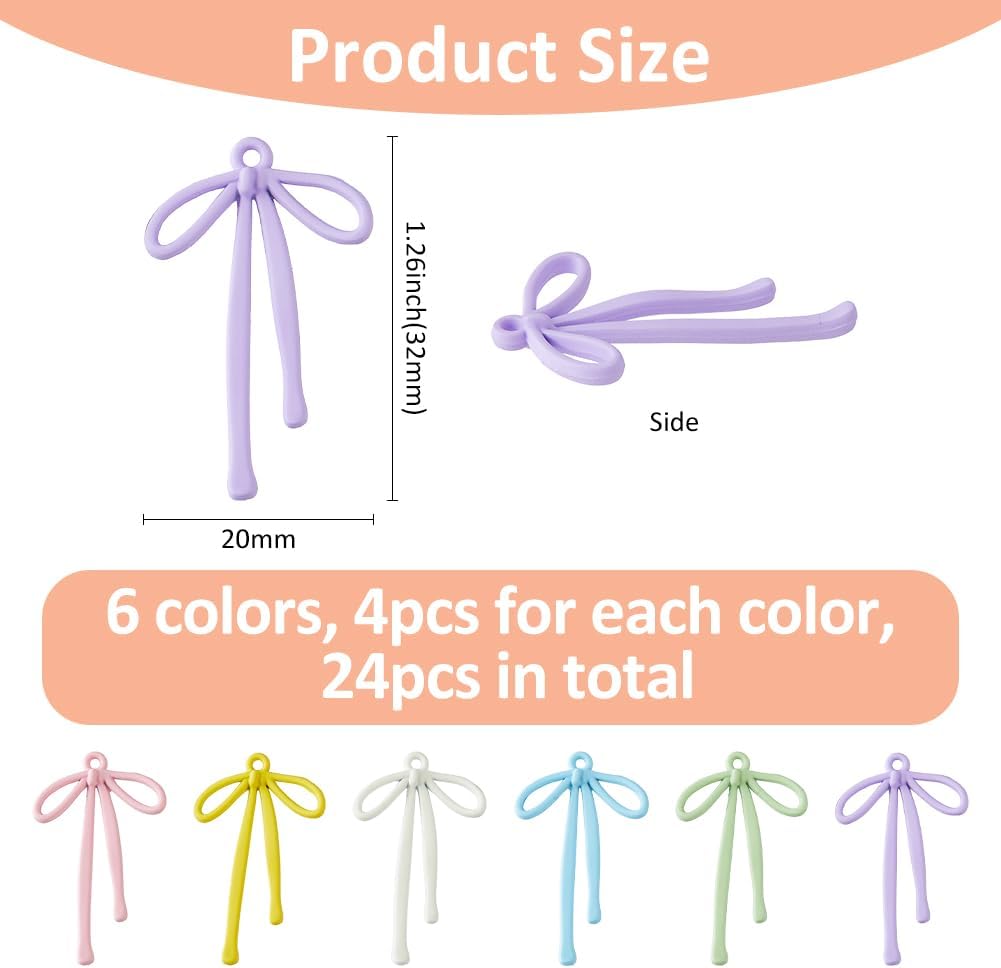 SUPERFINDINGS 24PCS 6 Colors Bowknot Charms 3.2x2cm Alloy Bowknot Pendants Colorful Metal Pendants for Earrings Bracelets Necklaces Making, Hole: 1.6mm - Image 2