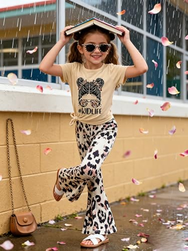 Image of Ayzozuy Kids Toddler Girl Clothes Letter Print Graphic Top + Leopard Print Flare Leg Pants 2PC Summer Clothing Set
