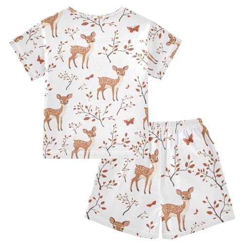 ALAZA Deer Leaf Deer Butterfly Pajamas Set Short Sleeve Cotton Sleepwear Summer Pjs 2 Piece 5-14Y2