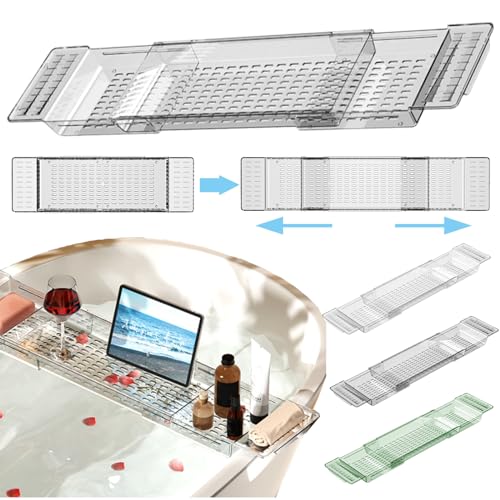 バスタブトレー 伸縮 バストレー 透明 お風呂テーブル かびない バスタブトレイ クリア バスタブテーブル アクリル バスタブラック 伸縮可能 お風呂トレイ 浴槽物置台 防水性 防カビ 滑り止め 便利 多機能 浴室用ラック バスグッズ お風呂用品 (グリー