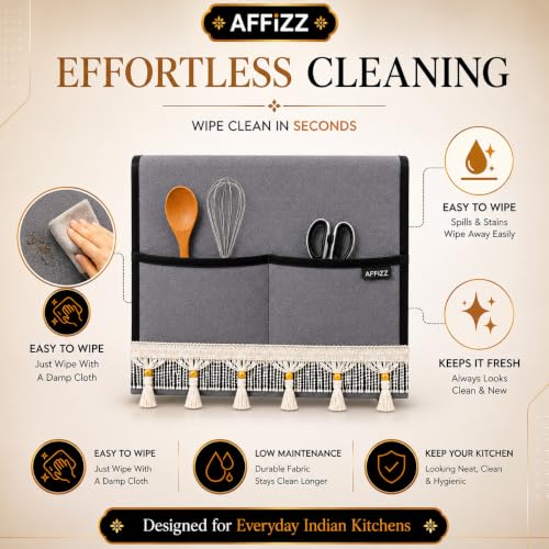 Image of Microwave Cover Top with Tassel Lace | Waterproof, Dustproof & Washable Microwave Oven Cover for Kitchen, 4 Side Storage Pockets, Durable Polyester Fabric, Dark Grey, (100 x 35 cm)