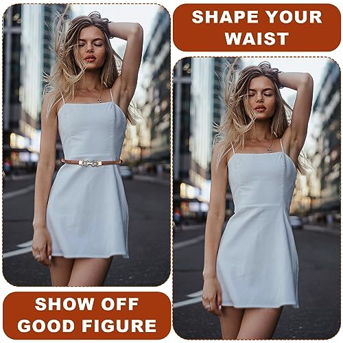 Generic 2pcs Skinny Waist Belt for Women, Adjustable Thin Leather Belt with Gold Buckle - Black, Brown3