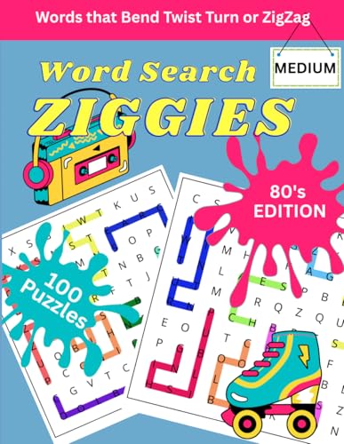 Word Search Ziggies Words that bend twist turn or zigzag: 80's Edition 100 Puzzles Medium