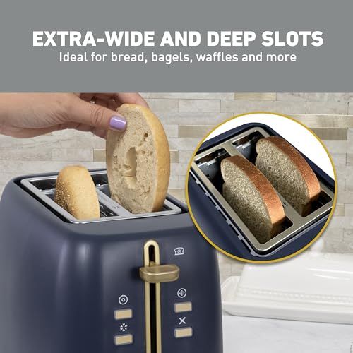 Image of West Bend Timeless 2-Slice Toaster with 7 Browning Levels, Bagel /Waffle /Defrost Settings, High-Lift Lever, Anti-Jam, Easy-Clean Crumb Tray, 2-Slice, Blue /Gold