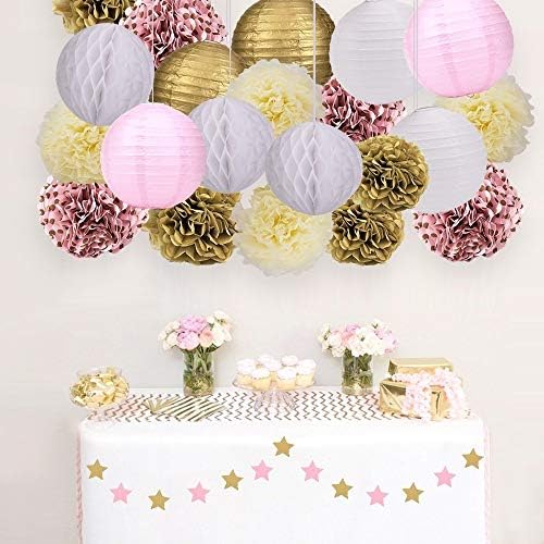 Skoye Mixed Pink Gold White Party Decoration Kit Tissue Paper Pom Poms Flowers Paper Lanterns and Star Garland for Birthday,Baby,Bridal Shower,Room Decor &Themed Party Decoration Favor