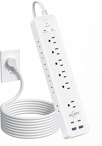 AiJoy - Regleta protectora de sobretensiones, cable de extensión de 5 pies, 2 lados, múltiples tomacorrientes con 12 salidas de CA y 4 puertos USB,
