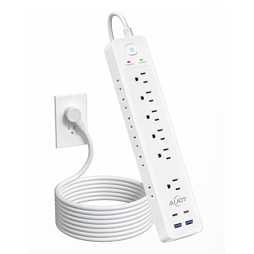 Surge Protector Power Strip - AiJoy 5Ft Extension Cord with Multiple Outlets,12 Outlets,4 USB Ports(2 USB-C),1500J Surge Protection Wall Mount for Home Office Supplies, Dorm Essentials
