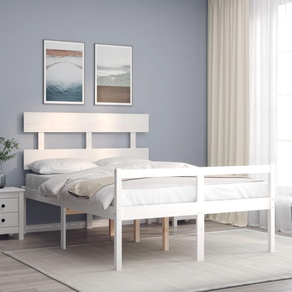 Massivholz Seniorengerecht 45cm Sitzhöhe Bettgestell Weiß 120x190 cm | Seniorenbett mit Kopfteil Weiß Massivholz 120x190 Kiefernholz Bett mit Lattenrost und Stauraum für Senioren