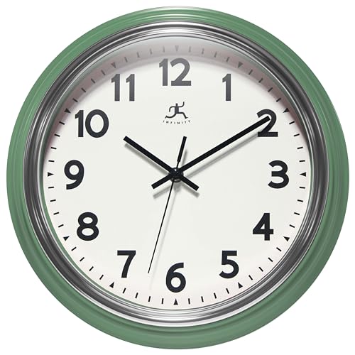 Infinity Instruments Retro 12 Inch Round, 1950's Vintage Style, Easy to Read, Silent Ticking, Quartz Movement, Battery Operated, Indoor Use - Wall Clocks for Kitchen, School, Living - Green