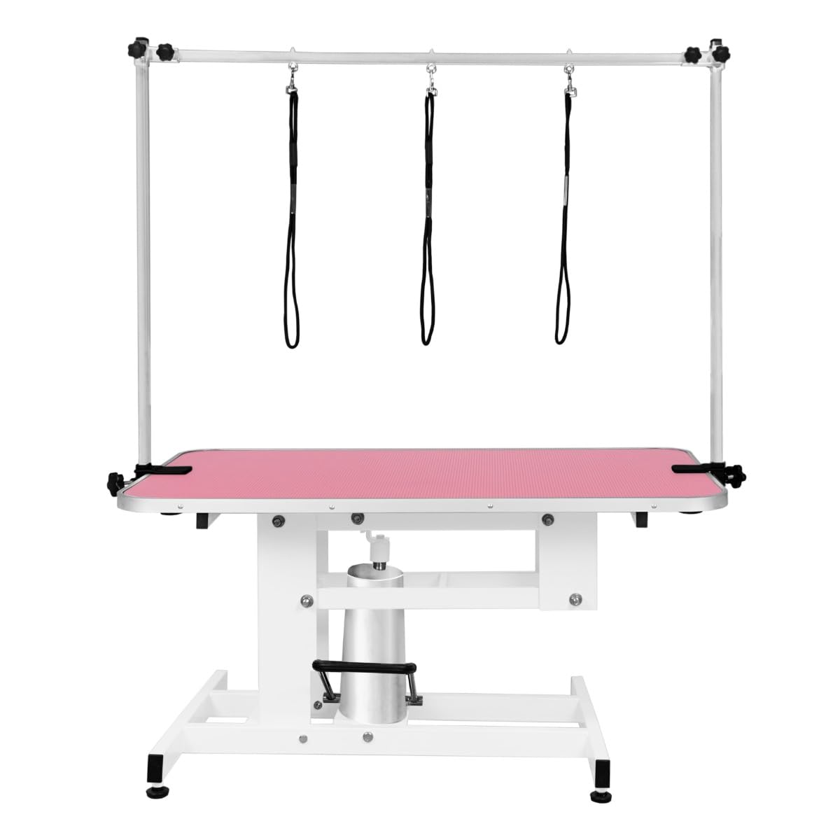 Hydrauliczny podnośnik stołu do pielęgnacji zwierząt domowych, z regulacją wysokości, 180 kg, udźwig duży, 106 cm x 61 cm, różowy, gumowy blat, profesjonalna, wytrzymała, stalowa, biała rama, 4
