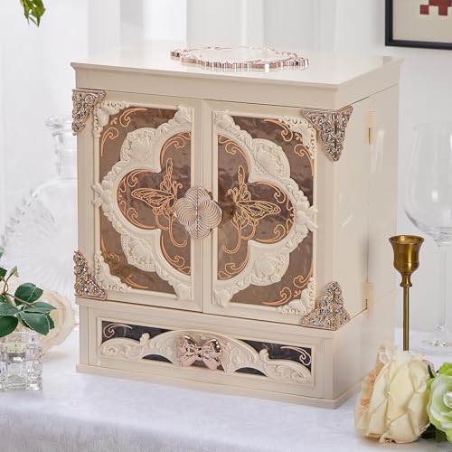 Large Makeup Organizer Countertop with LED Mirror Vintage Cosmetic Storage Box with Drawers & Side Compartments Dustproof Skincare Organizer for Vanity Elegant Gift for Women(White)