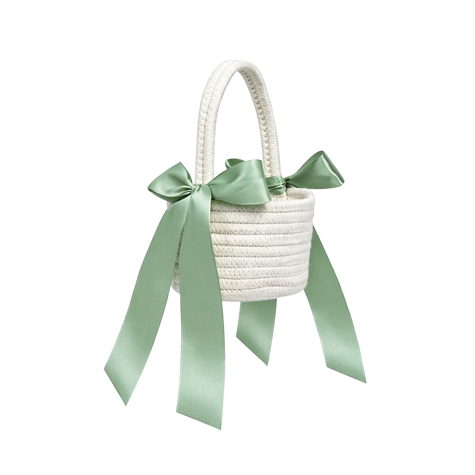 Cotton Flower Girl Basket for Wedding, Wedding Flower Basket with Handle and Ribbons for Petals (Sage Green)
