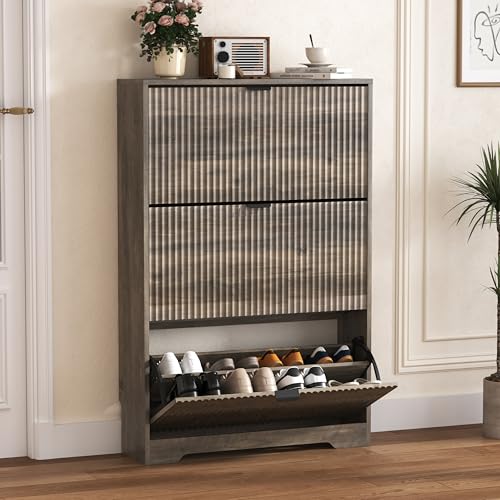 Image of HUANLEGO Shoe Cabinet Storage for Entryway with 3 Flip Drawers, Grey Fluted Shoe Cabinet with Adjustable Shelves, Wooden Hidden Shoe Rack Freestanding Narrow Slim Shoes Storage for Hallway, Entrance