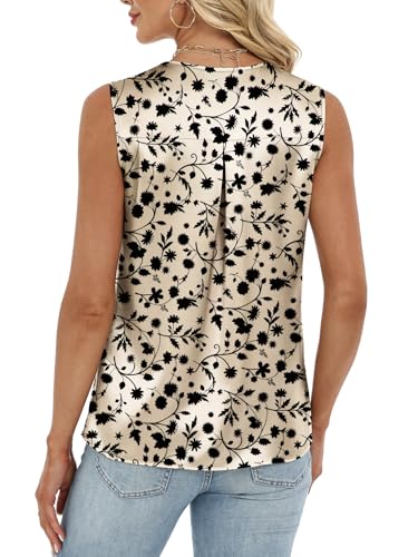 Funlingo Camisole Tops for Women Summer Satin Silk Tank Tops Dressy Casual V Neck Pleated Sleeveless Blouses Floral Beach Vacations Outfits Apricot Black Floral XL — view 5