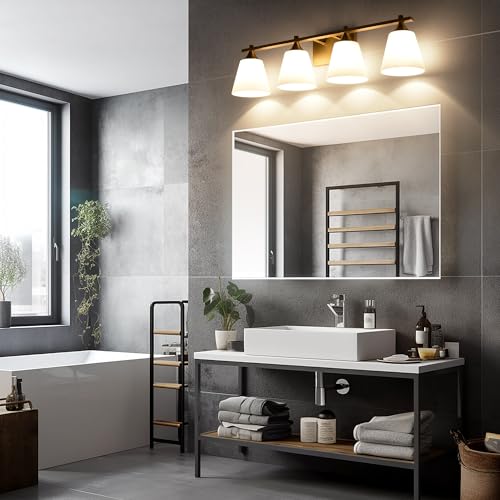 Image of Brass Bathroom Vanity Light Fixtures, 4 Lights American Traditional Gold Vanity Lighting Fixture with Opal Glass Shade, Porch Wall Mount Light Fixture for Bathroom, Mirror Cabinets Hallway Stairs