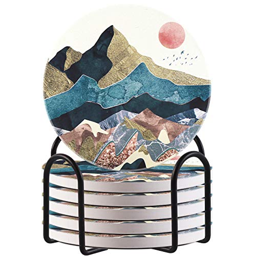 HAOCOO Getränkeuntersetzer rund mit Halter (6er Set) (Berg) Cover