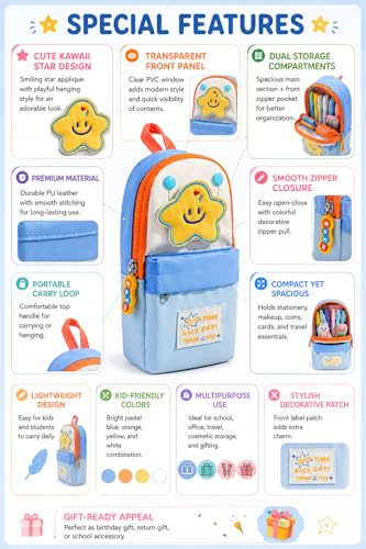 Image of Kawaii Cute Aesthetic Pencil Case for Students | Large Capacity Multi-Pocket Pencil Pouch with Zipper | Cartoon Stationery Organizer Bag for School, College & Office Supplies (Good Time - Blue)
