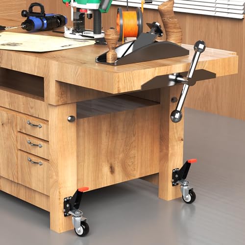 SPACEKEEPER Workbench Casters kit 300KG - 4 Heavy Duty Retractable Caster Wheels Designed for Workbenches Machinery & Tables, Install Template Included