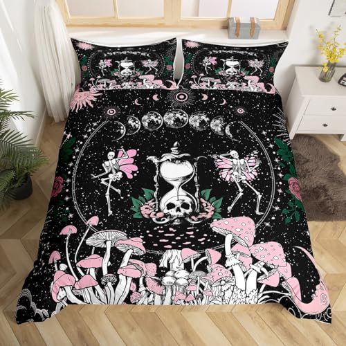 Sun and Moon Duvet Cover Set Twin Size,Pink Mushroom Bedding Set Gothic Sugar Skull Star Galaxy Comforter Cover for Kids Boys Girls Woman Room Decor Boho Hippie Black White Quilt Cover,1 Pillowcase