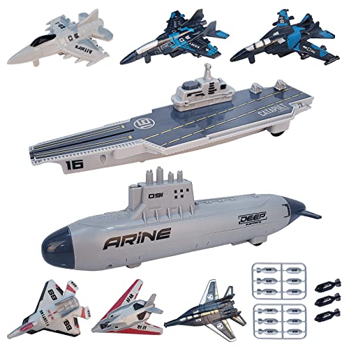 VBACALA Kit di Portaerei per Bambini-con Aereo Corazzato a Ripiego, U-Boat e Navi da Guerra,Set Giocattoli Militari Navali Appassionati di Storia Militare per Bambini 3+ Anni