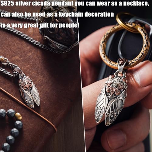 Cicada Necklace,Silver-Plated Cicada Pendant,Vintage Cicada Insect Pendants Weird Jewelry Keychain Necklace Gifts for Men and Women2