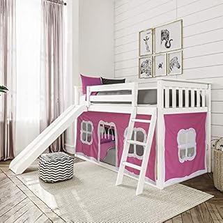 Max & Lily Low Bunk Bed with Slide, Twin-Over-Twin Bed Frame For Kids With Curtains For Bottom, White/Pink