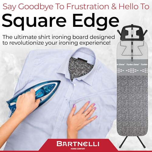 Bartnelli Heavy Duty Ironing Board 48x15 | Designed & Made in Europe with Patent Technology, Turbo & Park Zone, Features: 4 Layer Cover &Pad,Height-Adjustable,4 Premium Steel Legs,Upgraded Iron Rest.