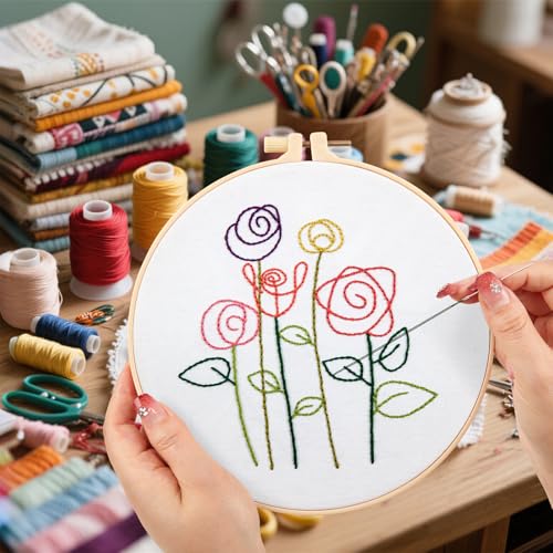 Image of Easy Flower Embroidery Kits for Beginners Adults, Minimalism Embroidery Starter Kits, Counted Cross Stitch Kits for Beginners Adults Hobbies Set for Women, Embroidery Hoops, Thread and Video Tutorial