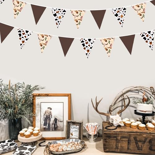 Image of 32Ft Western Cowboy Party Decorations Brown Cow Triangle Flag Fabric Banner Pennant Garland Streamers for Western Cowgirls Birthday Baby Shower Derby Day Yee Haw Farm Cow Wild West Party Decor