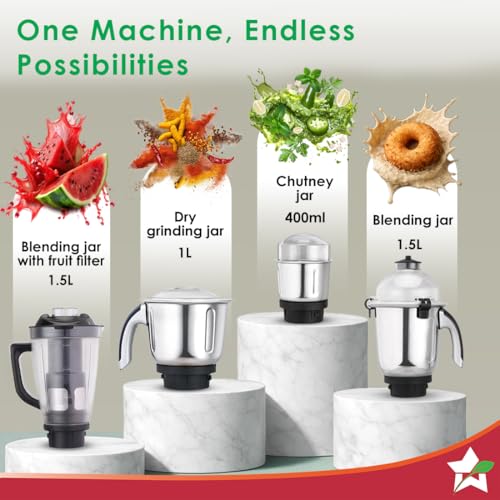 Image of Wonderchef Cube 1000W Mixer Grinder, 4 Jars with Flow Breakers, Special Coarse Blade for Silbatta-style Khada Masala Grinding, Ideal for Grinding, Blending Chutney, Idli /Dosa Batter, 2-Yr Warranty