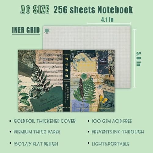 Image of VIBE VISTA Vintage Scrapbook Kit - 346 Pcs A6 Grid Notebook, Washi, Envelopes, Papers, Folding Labels, Background Papers, Photo Frames, Calendar Stickers - Cyan Looked At Wild Dome, Green